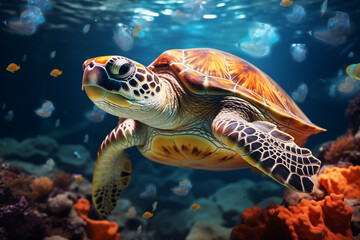 Fototapeta premium A turtle swims in the ocean with fish swimming around it. The turtle is the main focus of the image, and the fish are in the background. The scene is calm and serene, generative AI