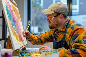 Engaged man with Down's syndrome painting in art workshop