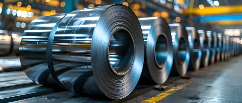 Roll of galvanized steel sheet in a metalworking factory. Concept Metalworking Industry, Galvanized Steel, Factory Production, Industrial Equipment, Manufacturing Process