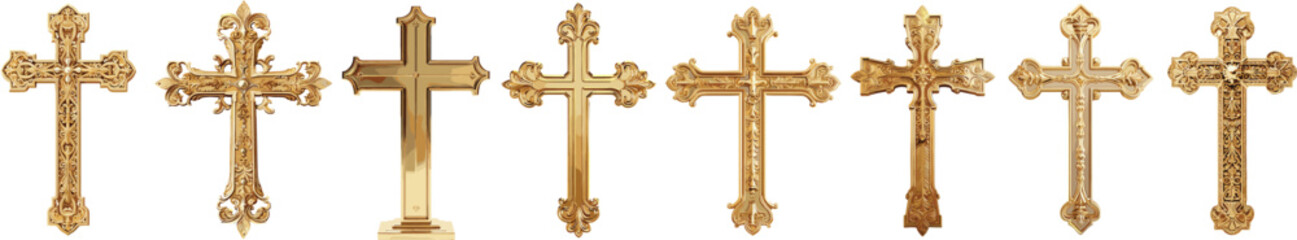 Set of Golden Crosses, Isolated on Transparent Background. PNG with Clipping Path.