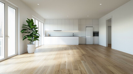 Fototapeta premium A large open kitchen with a white refrigerator and oven. The kitchen is very clean and has a lot of natural light coming in through the windows