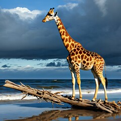 In the vast expanse of the savannah, a majestic giraffe stands tall, its long neck gracefully reaching towards the sky as if to touch the heavens. 