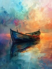 Traditional Ship in Watercolor Landscape - obrazy, fototapety, plakaty