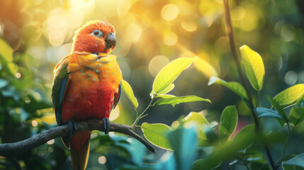 colorful tropical parrot with orange plumage sitting on a green branch in the forest, Biodiversity Day, banner