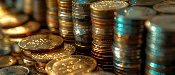 Closeup of stacked coins reflecting light various denominations packed tightly together. Concept Money, Finances, Saving, Investment, Wealth - obrazy, fototapety, plakaty