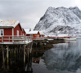 Reine, Norway - 21 Nov, 2023: winter landscape, Reine is a breathtaking fishing village on the...