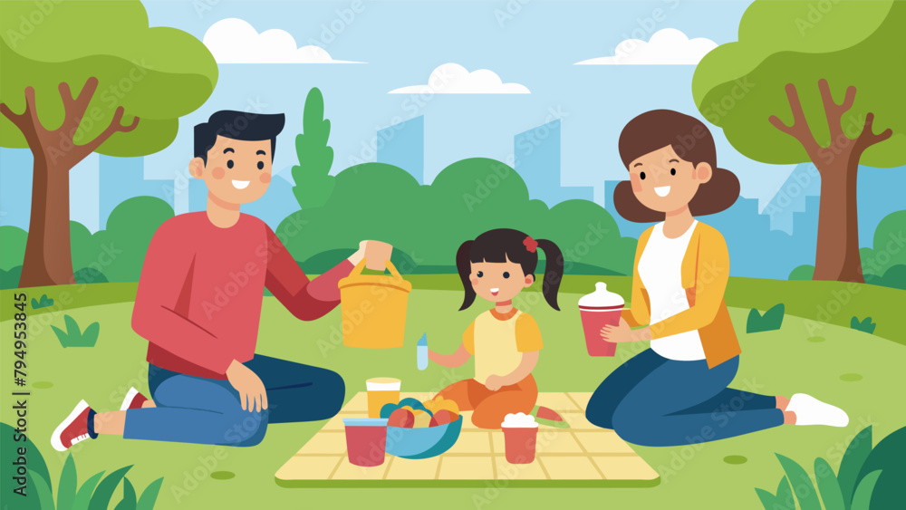 Poster a family enjoying a picnic in the park using reusable containers and cloth napkins instead of dispos