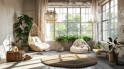Fototapeta premium A living room with a white rug, a white chair, and a white couch. There are potted plants and a vase on the floor. The room has a cozy and inviting atmosphere