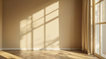 Obraz premium A large empty room with a window and a curtain. The room is very bright and empty, with a lot of natural light coming in through the window