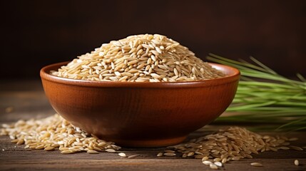 Organic brown rice in a ceramic bowl, close-up, natural and healthy food staple,