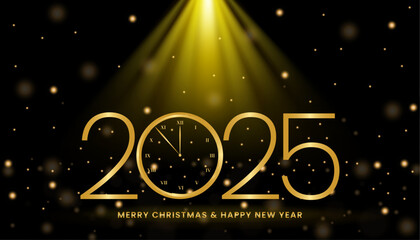 Merry Christmas & Happy New Year 2025 clock countdown background with gold glitter shining in light and sparkles abstract celebration.