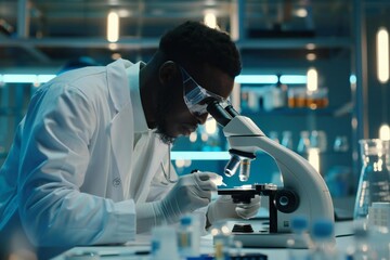 Men at work in laboratory conducting closeup analysis