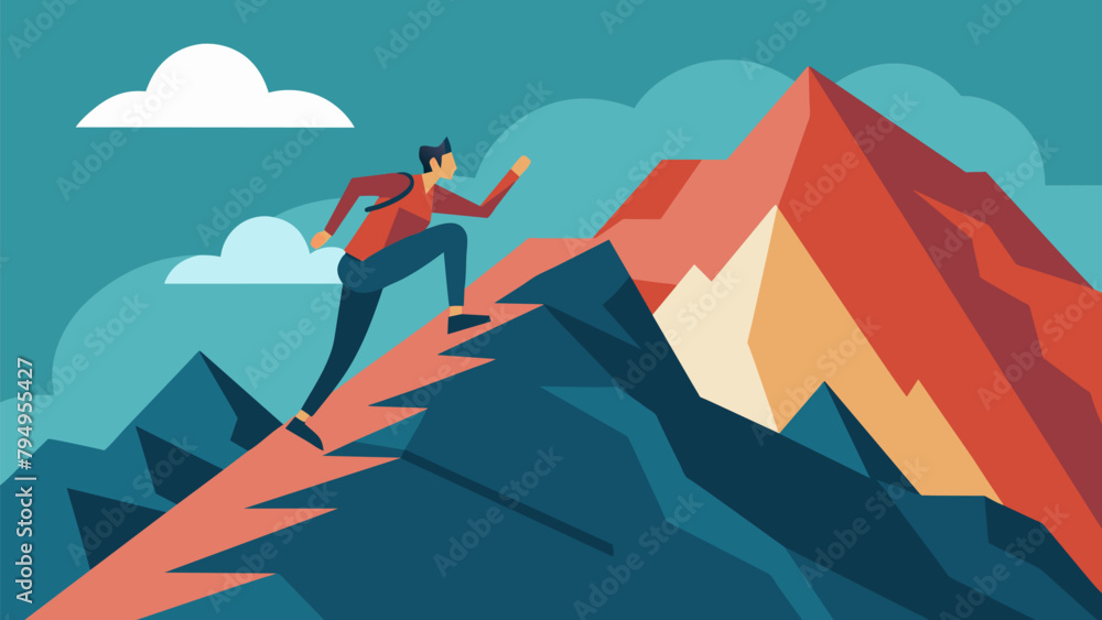 Poster an image of a person climbing a steep mountain representing the journey of navigating the risks and 