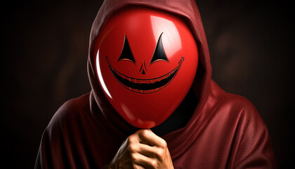 Close-up of a man holding a red balloon with a scary face hiding his face under hoodie, on a black dark background with copy space. Halloween and Grim reaper concept. Generative Ai.