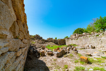 Troy ancient city ruins view. Visit Turkey concept background.