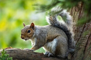 The squirrel, with its bushy tail and nimble movements, scampers through the trees, foraging for nuts and seeds.