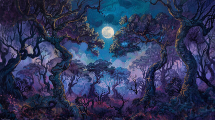 A mystical forest bathed in the soft glow of moonlight, where ancient trees stand sentinel amidst a shifting tapestry of colors, whispering secrets of ages past.