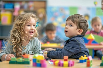 Happy children in school classroom learning and playing