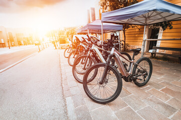 Electric Bikes on Display at a Sunny Urban Shop
