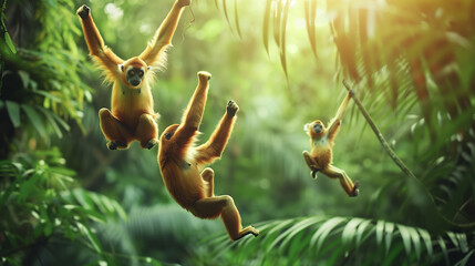 Arboreal Acrobats: Gibbons in the Canopy - obrazy, fototapety, plakaty