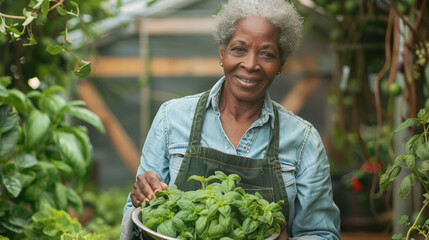 Joyful Black Senior Woman Gardener with Fresh Basil in Greenhouse