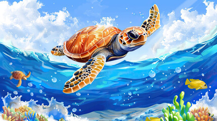 Watercolor illustration of a sea turtle swimming in the ocean. World Turtle Day concept - obrazy, fototapety, plakaty