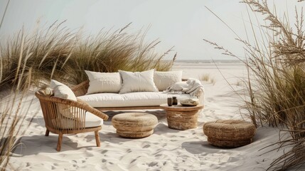 Obraz premium Summer relaxation concept in an aesthetic interior with an armchair and a lounger.
