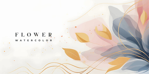 Abstract art background vector. Luxury minimal style wallpaper with golden line art flower and botanical leaves, Organic shapes, Watercolor. Vector background for banner, poster, Web and packaging.