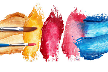 Paintbrushes against colorful watercolor isolated on transparent background
