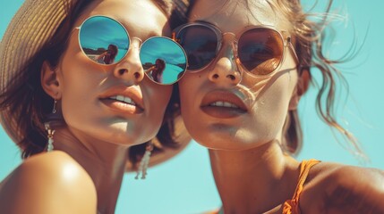 Summer holiday concept. Beautiful young girls in a hat and sunglasses. Advertising background with joyful resting people.