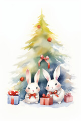 Two cute rabbits with red ribbons around their necks are sitting in front of a decorated Christmas tree