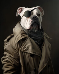 A charismatic steampunk Bulldog dog posing as a boss, pirate look, proud and confident, dressed like a masculine and tough human gangster, a strong and powerful leader