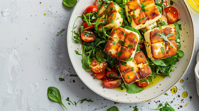 Crispy fried halloumi cheese on a sleek grey background, illuminated with bright lighting, showcasing its golden-brown exterior and tender, gooey texture.
