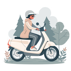 A woman is riding a scooter in a forest
