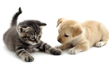 Adorable white kitten and playful puppy, cute cartoon