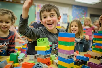 Cheerful children playing with blocks, building imaginative creations