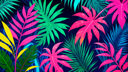 Fototapeta na wymiar Striking neon tropical foliage on a dark background, ideal for vibrant summer themes and energetic decor. Includes ample copy space