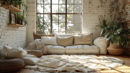 A living room with a white couch, a rug, and a potted plant. The room is bright and airy, with a window letting in natural light. The couch is covered in pillows