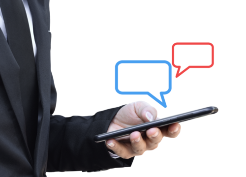 Businessman holding smartphone with speech bubble, Isolated on white transparent background. PNG File Format