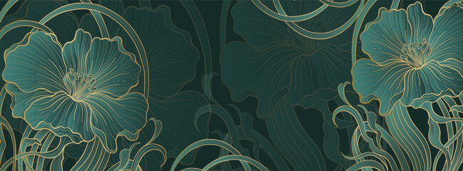 Elegant prestigious Art Deco background template with flowers. The design luxury is made for Art Deco motif with green and gold colors.