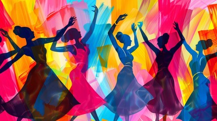 A bold and colorful abstract background with silhouettes of black women dancing