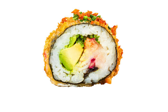 recommend clip art: Crispy hot baked sushi roll in tempura with fresh avocado, fish and cheese. Without background clip art.