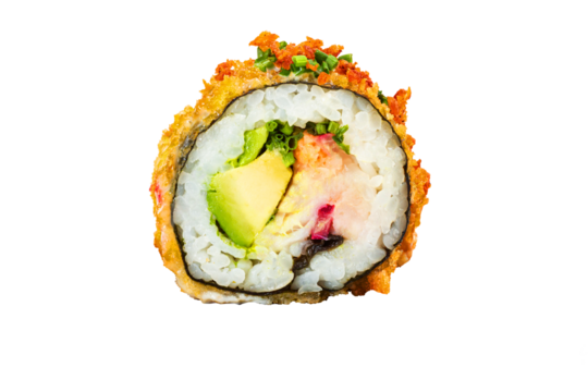 Crispy hot baked sushi roll in tempura with fresh avocado, fish and cheese. Without background clip art.