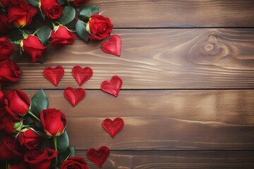 Red roses and heart-shaped decorations on a rustic wood table.