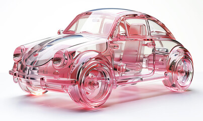 Glass piggy bank in the form of a blur car with different coins inside on a light background. Concept for renting, buying, leasing or insuring a car. - obrazy, fototapety, plakaty