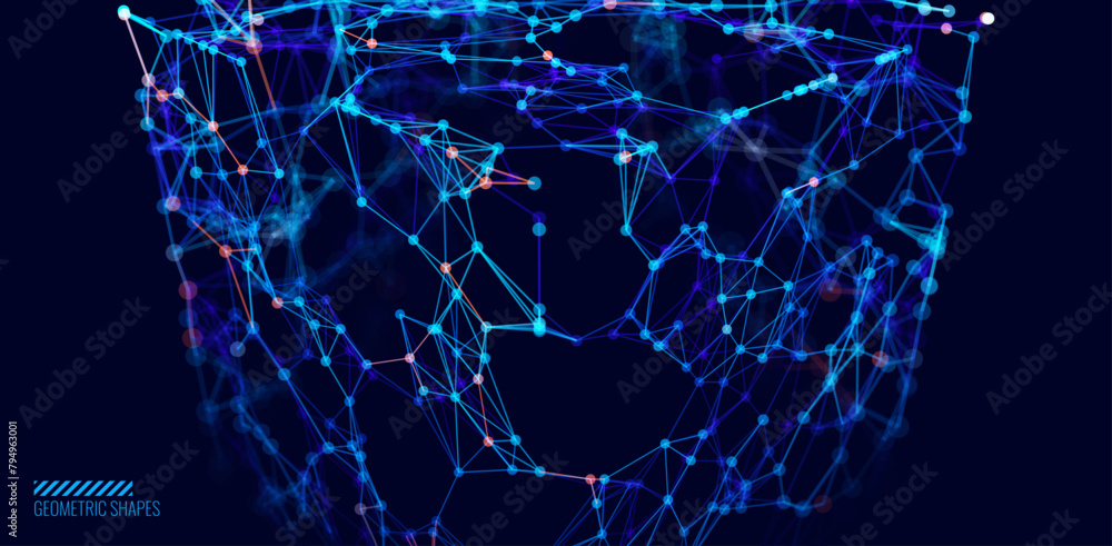 Aufkleber 3D Cube Banner. Object with Dots and Lines. Molecular Grid. 3D Technology Style Baner Design. Vector Illustration. Futuristic Connection Structure for Technology or Science Concept.