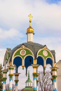 The ornate openwork dome of the Holy Water Chapel in the Trinity-Sergius Lavra
