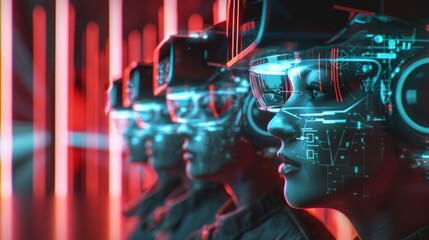 A futuristic background with virtual reality headsets and digital avatars