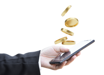 Businessman holding smartphone with golden coin falling, Isolated on white transparent background. PNG File Format