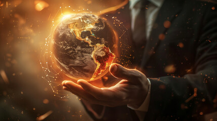 Glowing Digital Globe in Hand Depicting Global Connectivity and Data Exchange